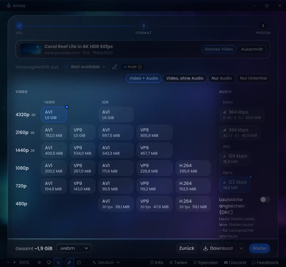 Der Schritt „Format“ in Arroxy für ein 8K-HDR-Video mit 60 fps: eine Zeile pro Auflösung von 4320p bis 480p, AV1, VP9 und H.264 in HDR10- und SDR-Spalten, dazu Dolby-, AAC- und Opus-Audio