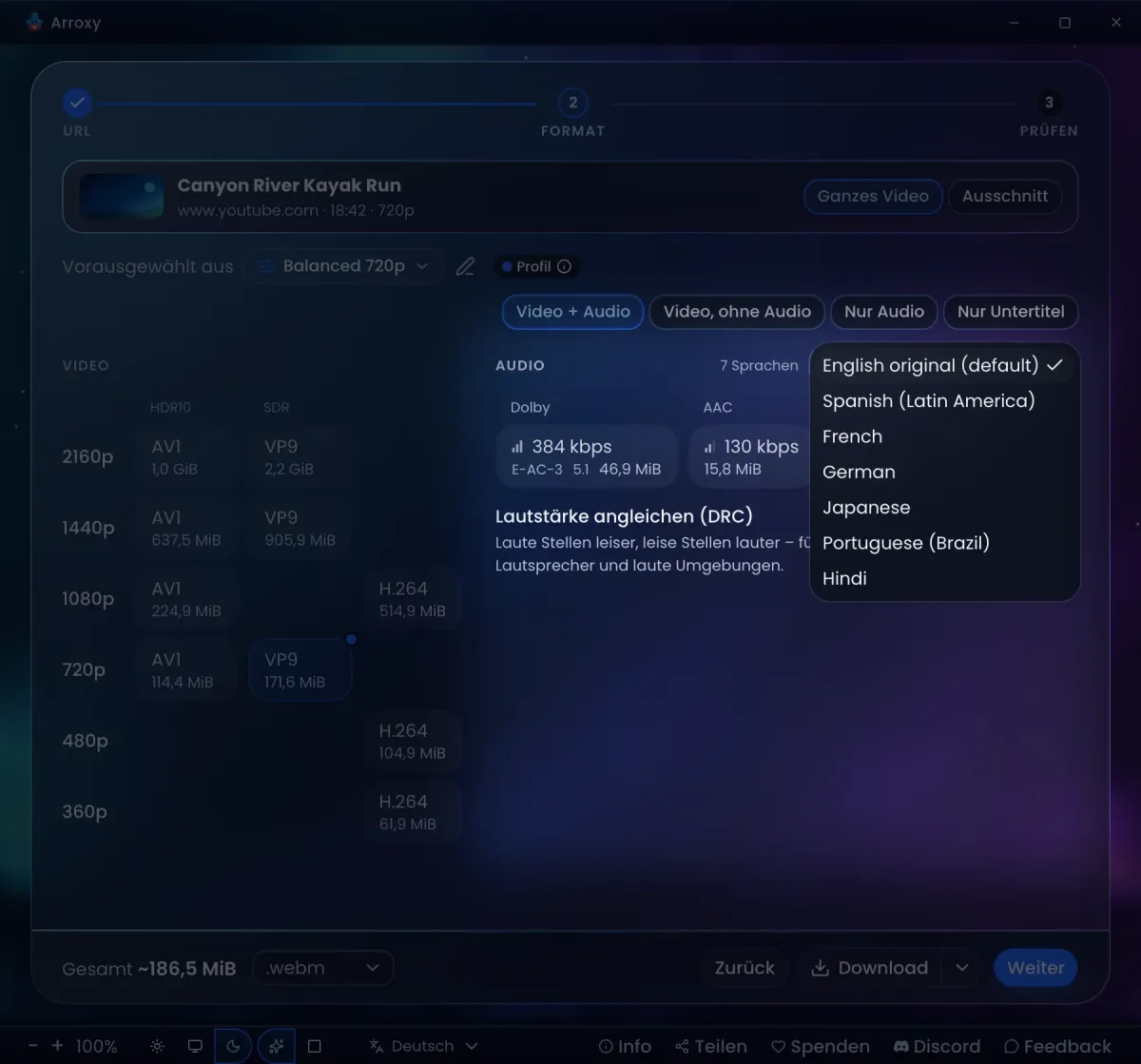 Die Liste der Audiosprachen in Arroxy, geöffnet für ein Video mit sieben Synchronfassungen, neben seinen Dolby-5.1- und AAC-Spuren