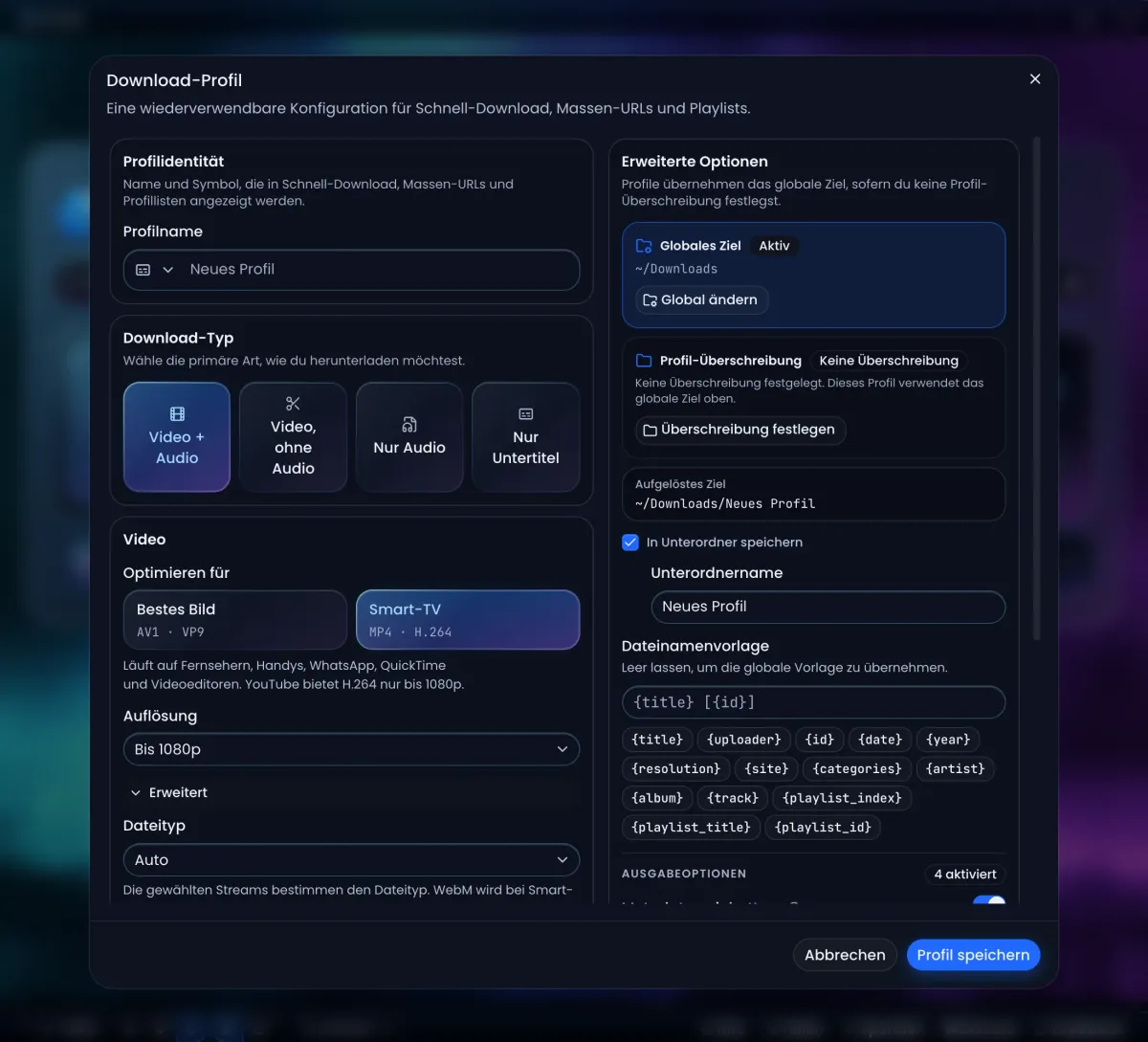 Der Editor „Download-Profil“ in Arroxy: Profilname, Download-Typ, Bestes Bild oder Smart-TV, Auflösung, Zielordner und Dateinamenvorlage