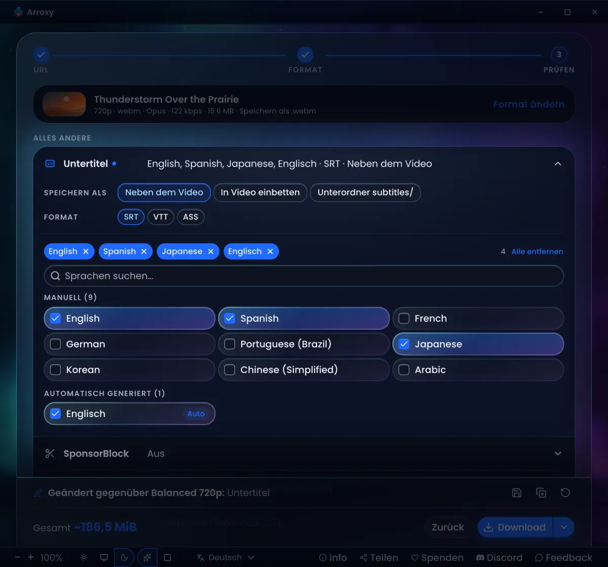 Der Schritt „Prüfen“ in Arroxy mit geöffneten Untertiteln: neben dem Video, eingebettet oder im Unterordner subtitles/, in den Formaten SRT, VTT und ASS, mit manuellen und automatisch generierten Sprachen zum Ankreuzen, darunter SponsorBlock