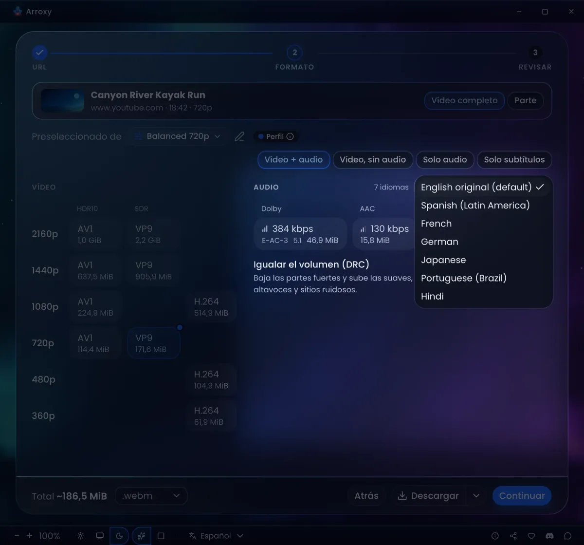 La lista de idiomas de audio de Arroxy, abierta en un video con siete doblajes, junto a sus pistas Dolby 5.1 y AAC