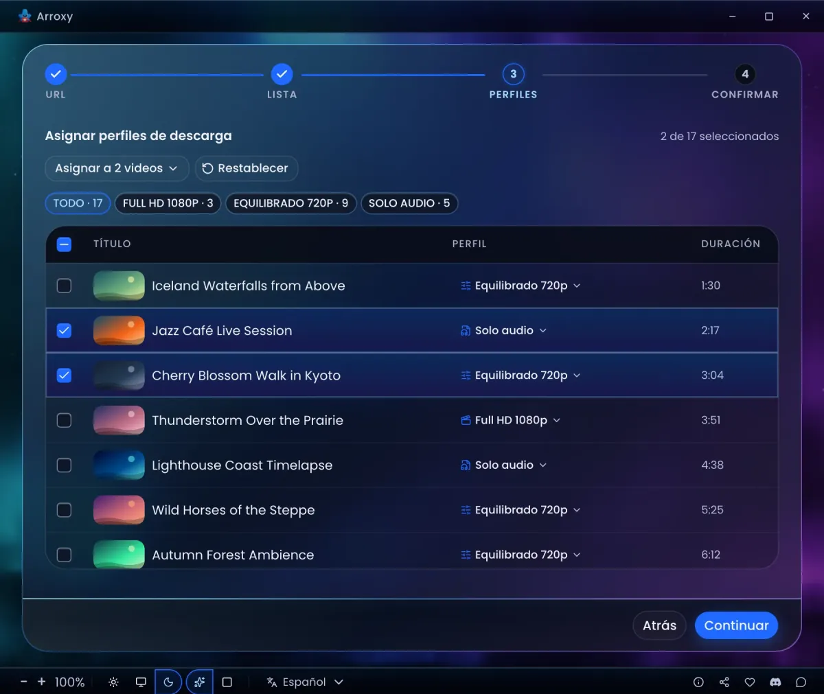 El selector de playlists de Arroxy con un perfil distinto elegido para cada video