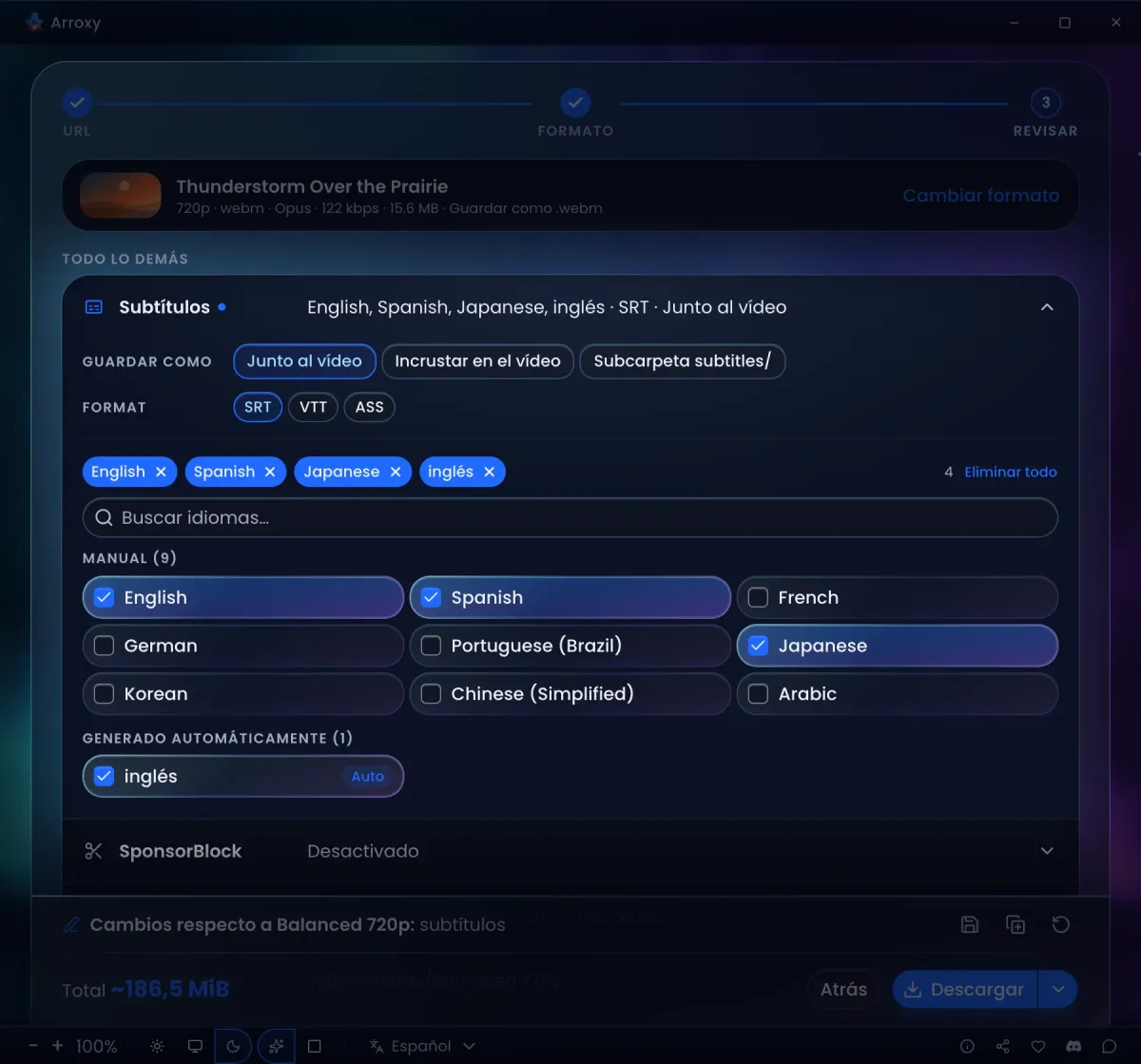 El paso Revisar de Arroxy con Subtítulos abierto: junto al video, incrustados o en la subcarpeta subtitles/, con SRT, VTT y ASS como formatos, idiomas manuales y generados automáticamente para marcar y SponsorBlock debajo