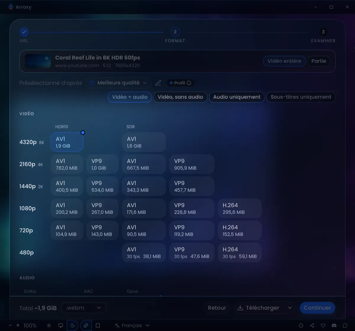 L’étape Format d’Arroxy pour une vidéo 8K HDR à 60 i/s : une ligne par résolution de 4320p à 480p, AV1, VP9 et H.264 dans des colonnes HDR10 et SDR, et l’audio Dolby, AAC et Opus