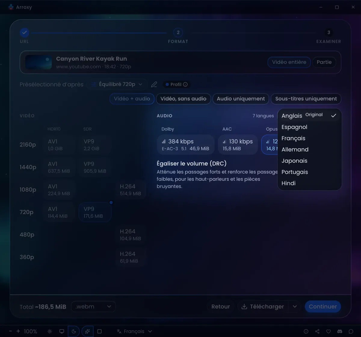 La liste des langues audio d’Arroxy, ouverte sur une vidéo à sept doublages, à côté de ses pistes Dolby 5.1 et AAC