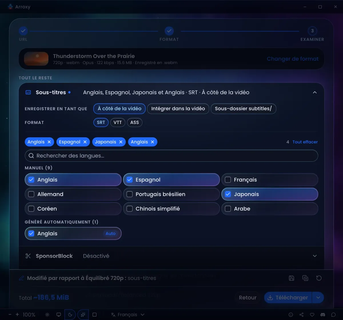 L’étape Examiner d’Arroxy, section Sous-titres ouverte : fichiers près de la vidéo, intégrés ou dans le sous-dossier subtitles/, formats SRT, VTT et ASS, langues manuelles et automatiques à cocher, SponsorBlock en dessous