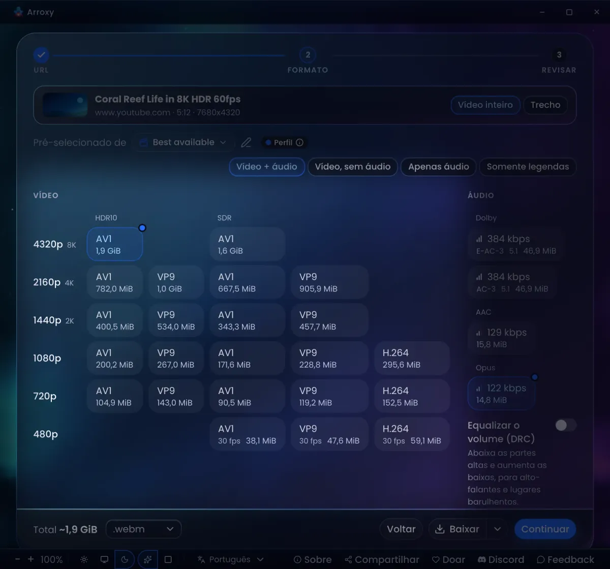 A etapa Formato do Arroxy para um vídeo 8K HDR a 60 fps: uma linha por resolução de 4320p a 480p, AV1, VP9 e H.264 em colunas HDR10 e SDR, e áudio Dolby, AAC e Opus