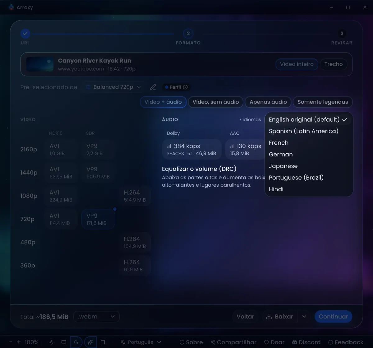 A lista de idiomas de áudio no Arroxy, aberta num vídeo com sete dublagens, ao lado das faixas Dolby 5.1 e AAC