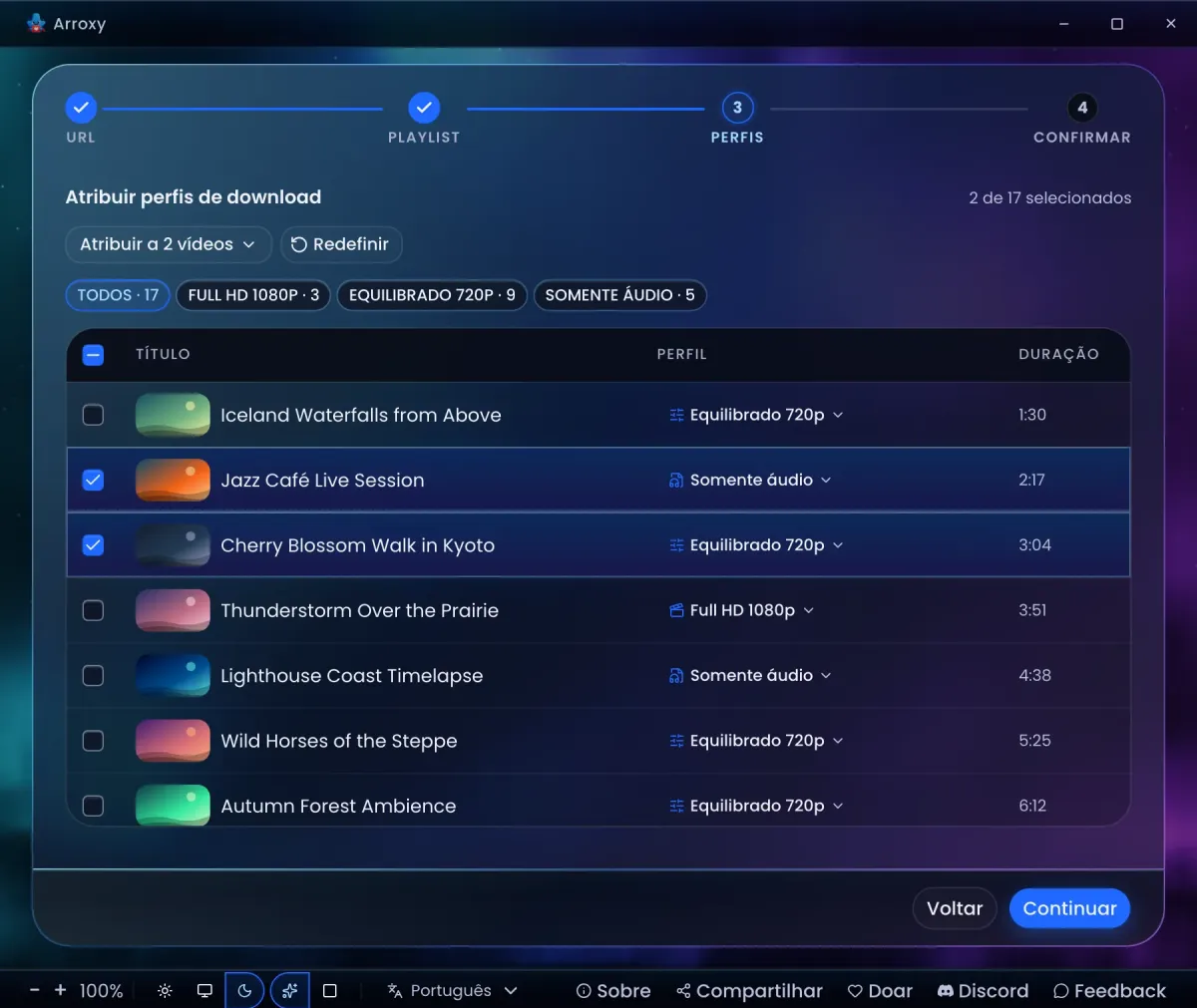 O seletor de playlist do Arroxy com um perfil diferente escolhido para cada vídeo