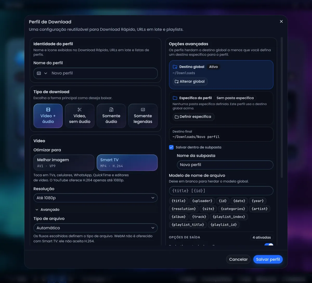 O editor Perfil de Download do Arroxy: nome do perfil, tipo de download, Melhor imagem ou Smart TV, resolução, pasta de destino e modelo de nome de arquivo